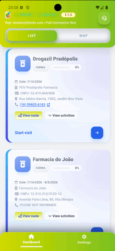 Aplicativo com lista de pontos de venda e início de visita
